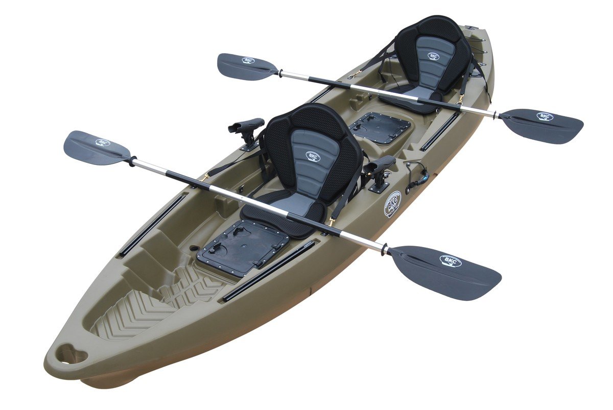 BKC - TK122P Angler 12-foot, 8 inch Tandem Fishing Kayak W/Premium Memory  Foam Padded Seats, Paddles, 4 Rod Holders Included 2-3 Person Angler Kayak  