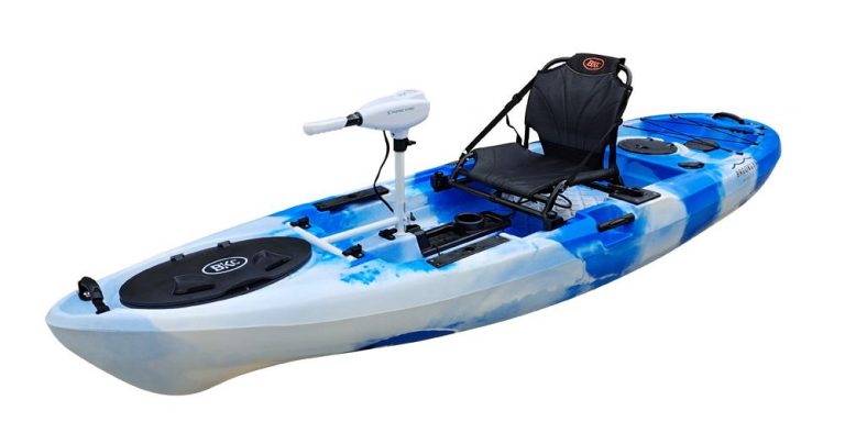 BKC PK11T Angler 10.5-foot Sit On Top Solo Fishing Kayak w/ Trolling Motor, Paddle, and Upright Aluminum Seat