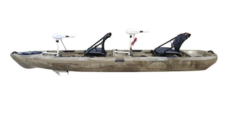 BKC – PK14 Angler 14-foot Sit On Top Tandem Fishing Kayak w/ Trolling Motor, Aluminum Upright Seats and Paddles