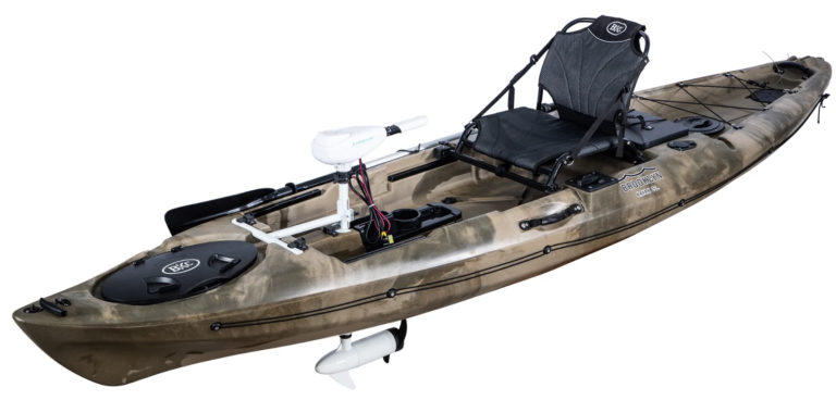 BKC – PK12 Angler 12-foot Sit On Top Solo Fishing Kayak w/ Trolling Motor, Paddle, and Upright Aluminum Seat
